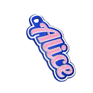 Schlüsselanhänger mit dem Schriftzug "Alice" in pink und blau.
