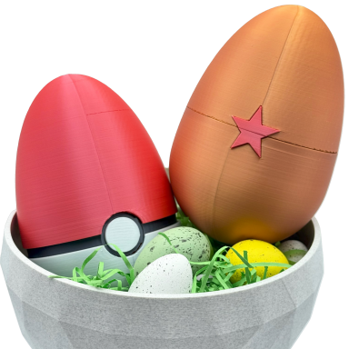 Bunte Ostereier in einer Schüssel mit grünem Gras, darunter ein Pokéball-Design.