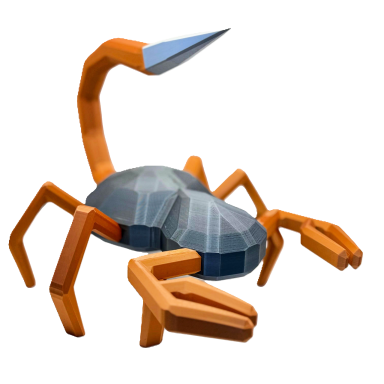 Ein stilisierter skurriler Skorpion in orange und grau mit einem stacheligen Schwanz.
