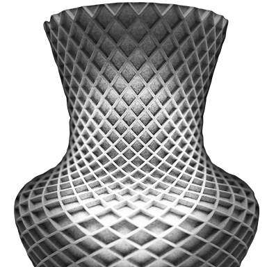 Vase mit rautenförmigem, strukturiertem Muster in Graustufen.