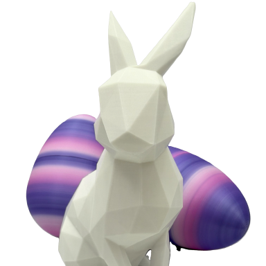 Weißer, geometrisch geformter Hase mit lila-gestreiften Ostereiern.