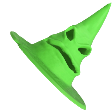 Grüner Hexenhut mit einem verzerrten Gesichtsausdruck.